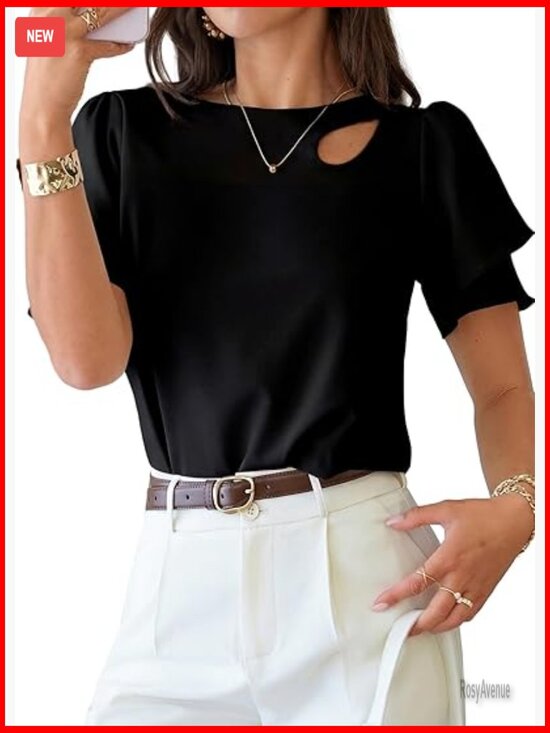 Tops - Double Layer Ruffle Sleeve Crewneck Cut-Out Blouse